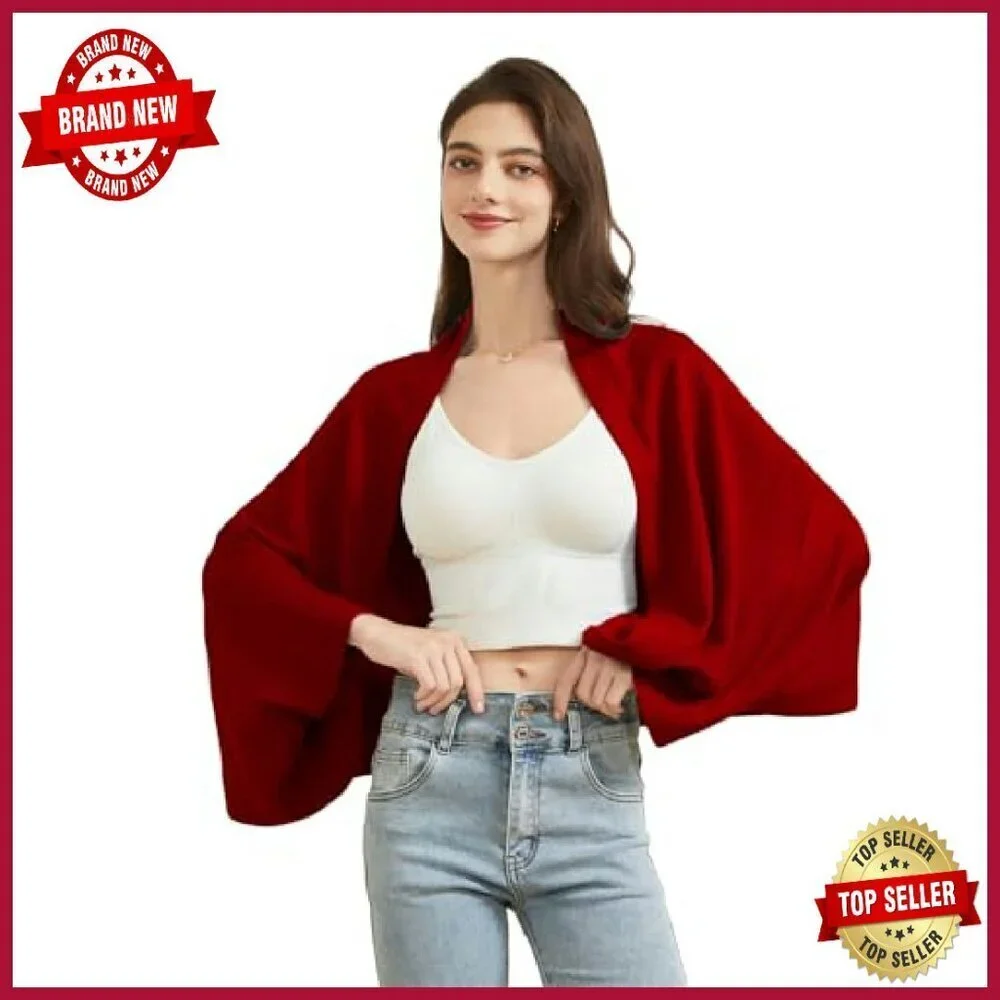 Open Front Cashmere Shawl Wrap with Sleeves Knitted Poncho Cape